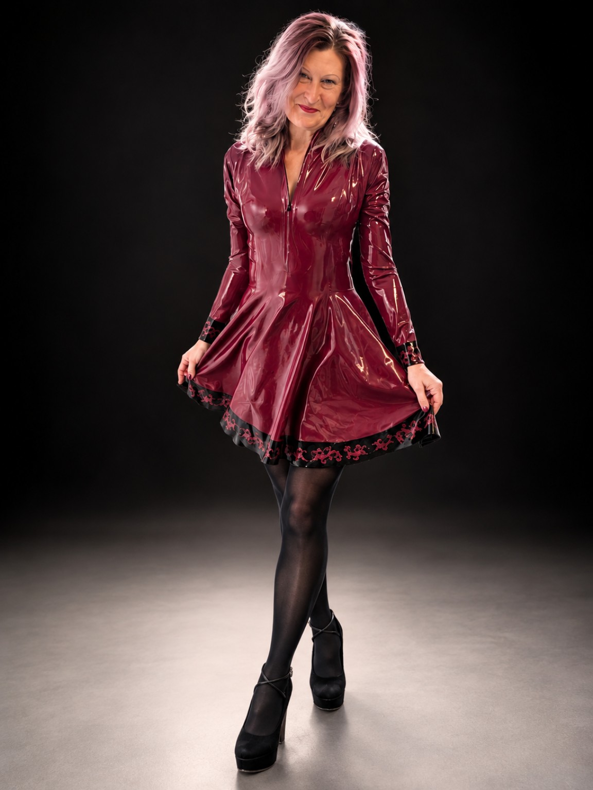 Julie modelling a burgundy dress