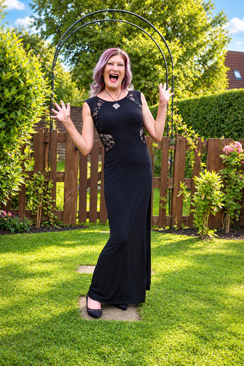 Julie in a black evening dress outdoors